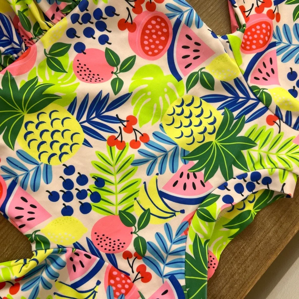 Nicole‎ Miller New York Girls Tropical Fruit Rash Guard Peplum Pom Pom Swim Top